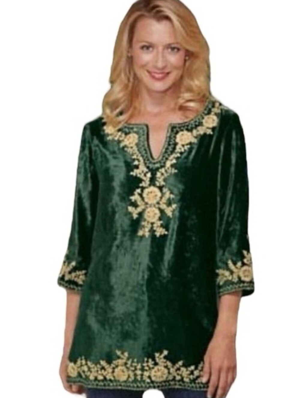Soft Surroundings Velvet Embroidered Tunic Size XL Green Whimsigoth Boho Top